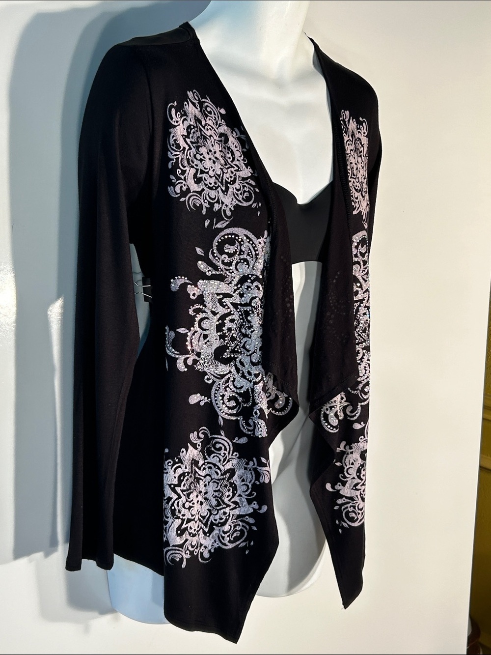 Vocal SZM Black & Silver Floral Rhinestone Cardigan Whimsigoth Fairy Grunge Y2K